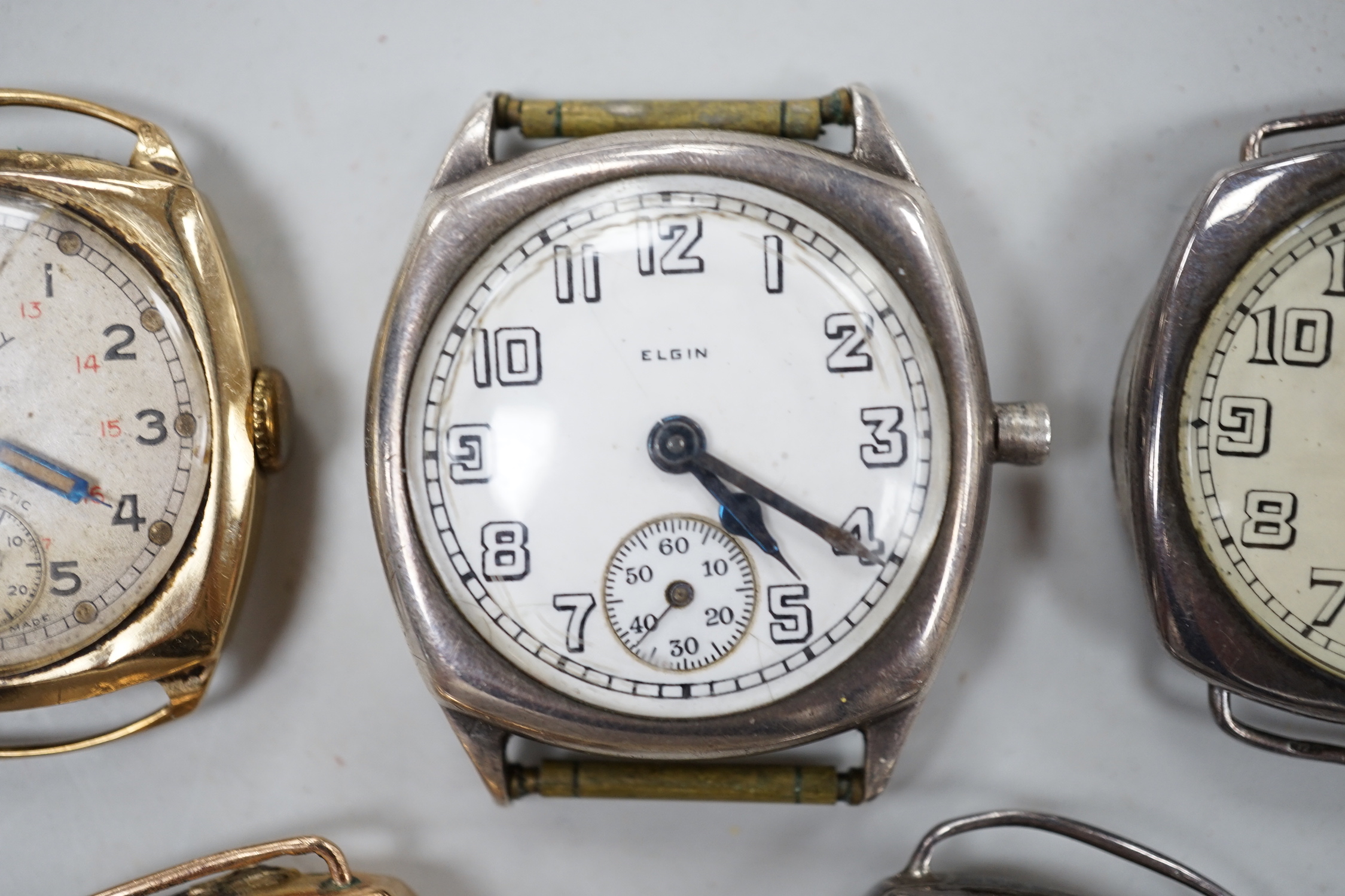 Six assorted gentleman's early to mid 20th century manual wind wrist watches, including 9ct gold Rotary and 9ct gold Rone Seven.